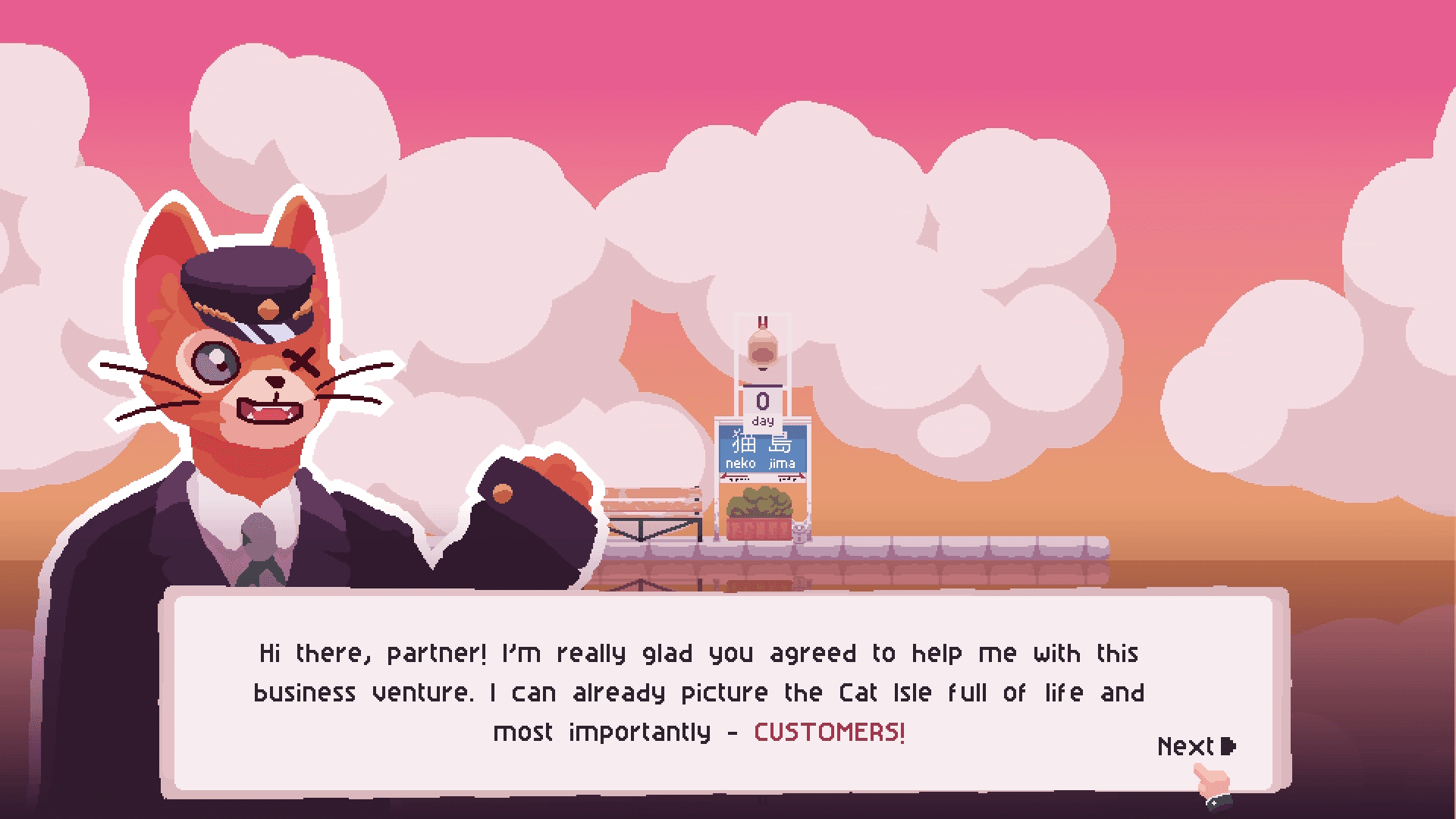 Cat Isle oyunundan pembe tonlarda piksel grafik tarzında ada ve kediler